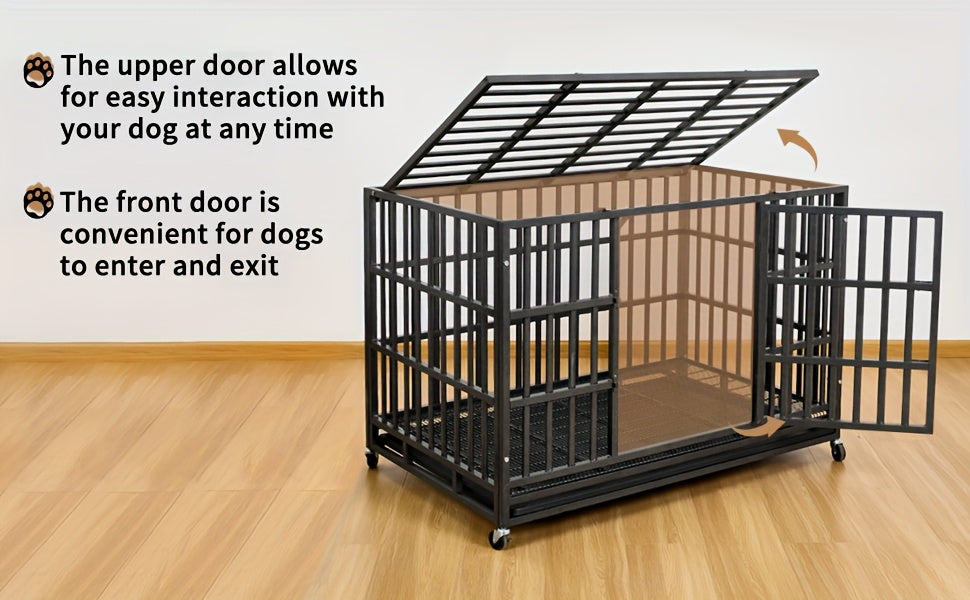 48inch Extra Large XXL Heavy-Duty Dog Crate - Double Door, Escape-Proof, Wheels, Removable Tray - Easy Cleaning Design For Large Breeds