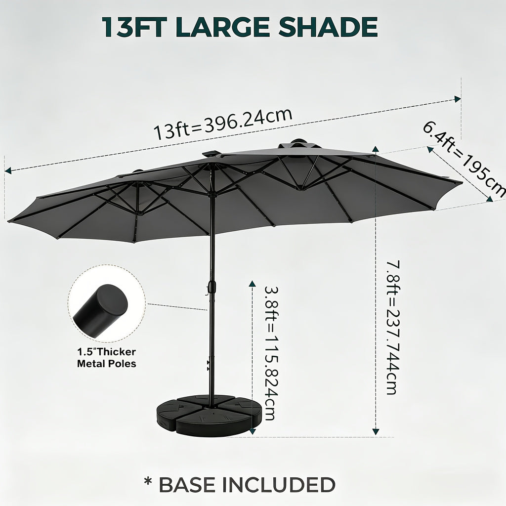 13-foot Double-sided Patio Umbrella with Solar Lights, Includes Base Stand, Large Outdoor Patio Umbrella with Crank Handle, Oversized Outdoor Market Umbrella, 12 Heavy-duty Ribs, Suitable for Outdoor, Market, Patio, Deck, Pool, Backyard, and Other