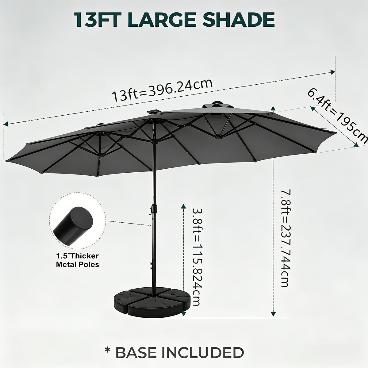 13-foot Double-sided Patio Umbrella with Solar Lights, Includes Base Stand, Large Outdoor Patio Umbrella with Crank Handle, Oversized Outdoor Market Umbrella, 12 Heavy-duty Ribs, Suitable for Outdoor, Market, Patio, Deck, Pool, Backyard, and Other