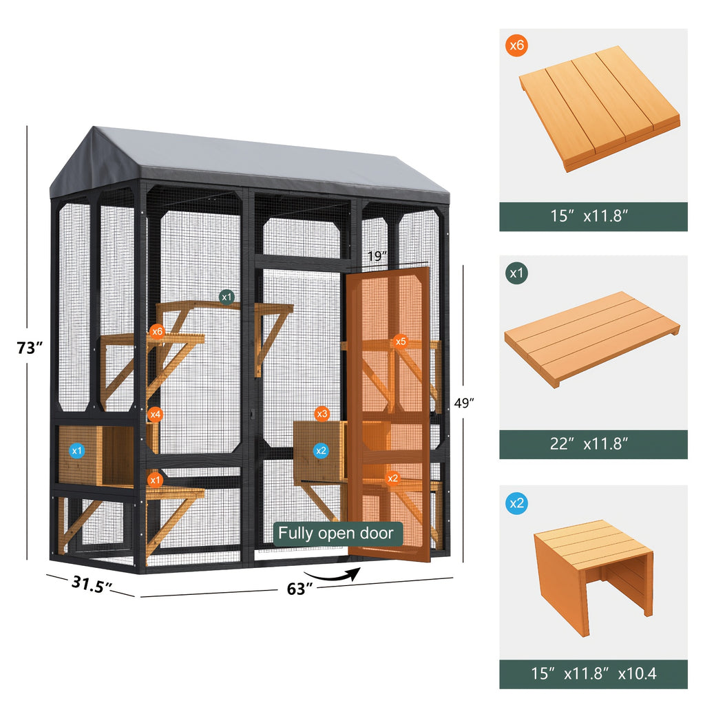 Large Cats House, Black Catio Outdoor Cat Enclosure, Cat Catio for Mulitiple Cats Walk In with Cover And Sunshine Roof, Pet Cage with 7 Platforms And 2 Resting Box, 72 Inch
