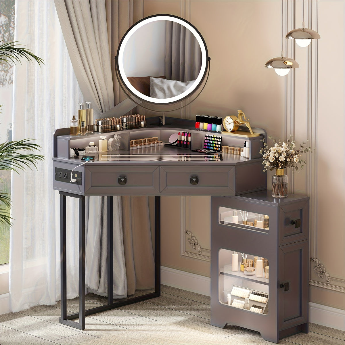 Dystler Corner Vanity With Mirror And Lights, Modern Makeup Vanity Set With Charging Station For Bedroom/Cloakroom, Glass Top Vanity Table With Drawers And Shelves, White