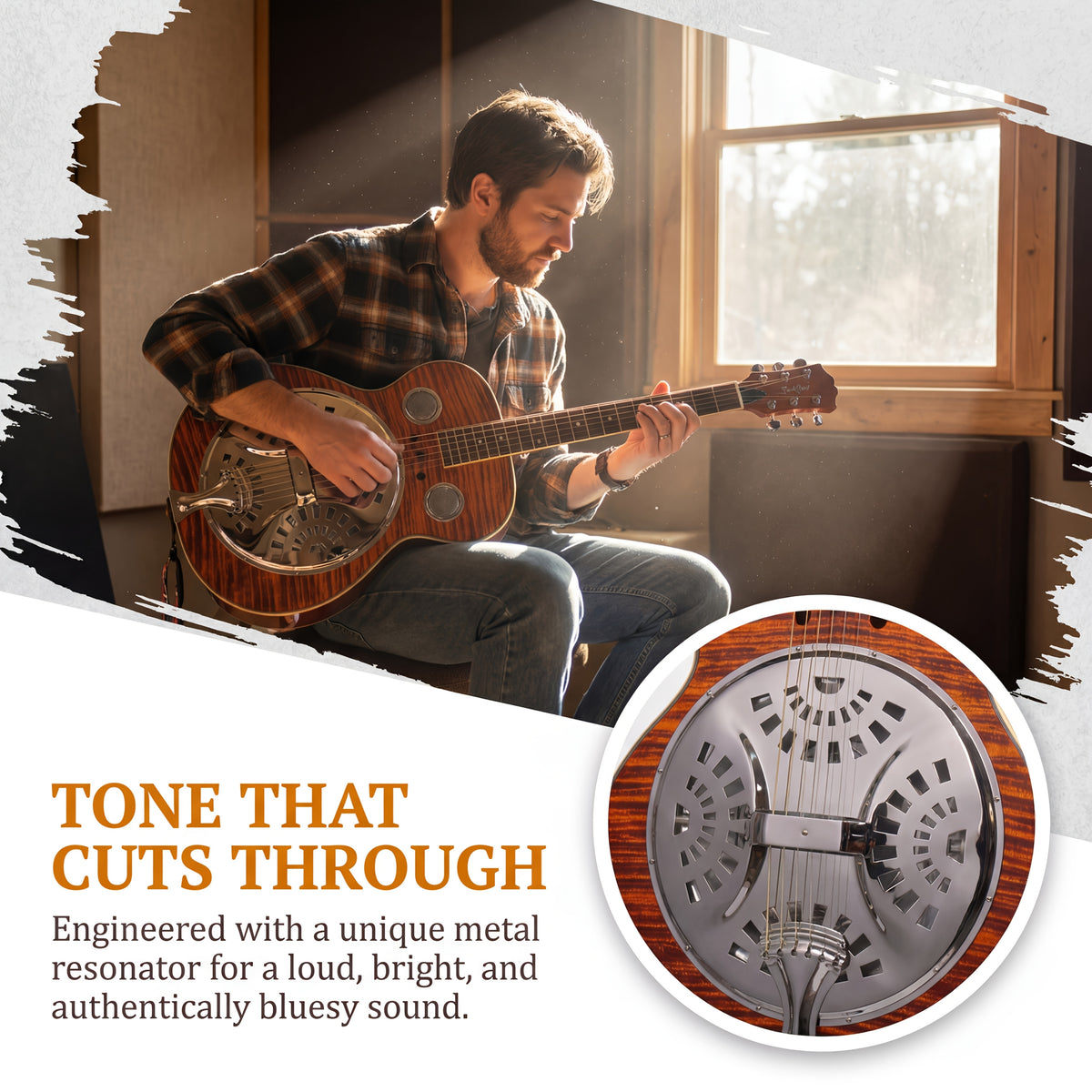 Acoustic Resonator Guitar Full Size 40 Inch Steel String, Beginner Acoustic Guitar Kit With Strap Capo Picks Wrench, Country Bluegrass Folk Blues Slide Fingerpicking Right Handed, Spruce Top Amber Orange Holiday Birthday Gift Musical Instrument