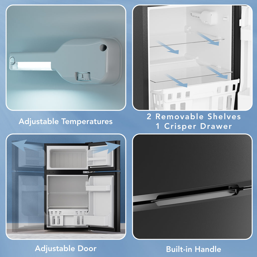 3.1 Cu.Ft Compact Mini Fridge, with Freezer, Compact Refrigerator with 2 Doors, Mini Fridge with Adjustable Removable Glass Shelves for Bedroom, Office, KitchenDorm Or Apartment