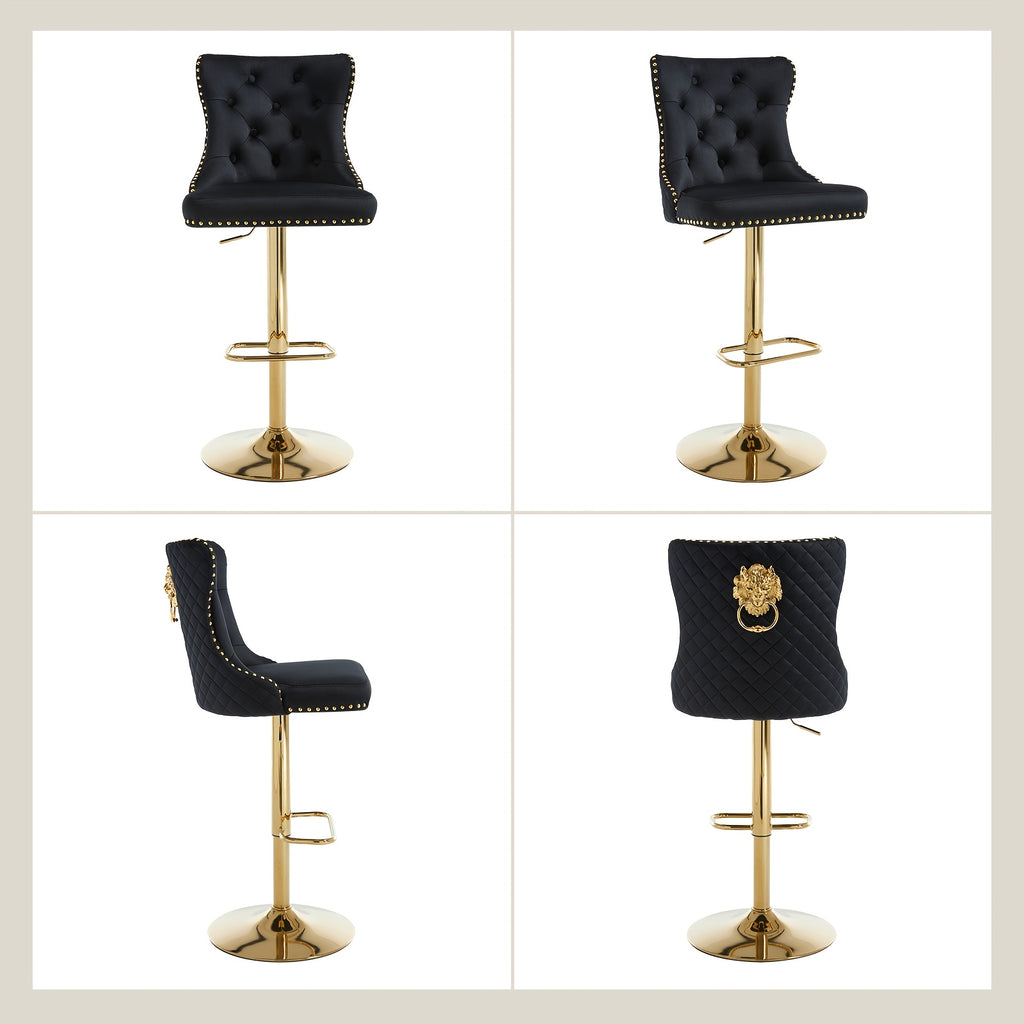 DMKAI Golden Lion Head Velvet Bar Stools Set Of 2, Luxury Diamond Tufted High Back, Adjustable Height 360° Swivel with Golden Base for Kitchen Island Home Bar