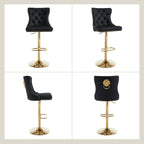 DMKAI Golden Lion Head Velvet Bar Stools Set Of 2, Luxury Diamond Tufted High Back, Adjustable Height 360° Swivel with Golden Base for Kitchen Island Home Bar
