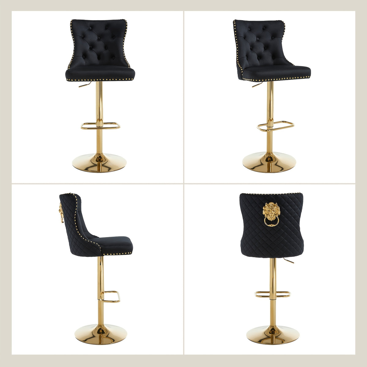 DMKAI Golden Lion Head Velvet Bar Stools Set Of 2, Luxury Diamond Tufted High Back, Adjustable Height 360° Swivel with Golden Base for Kitchen Island Home Bar