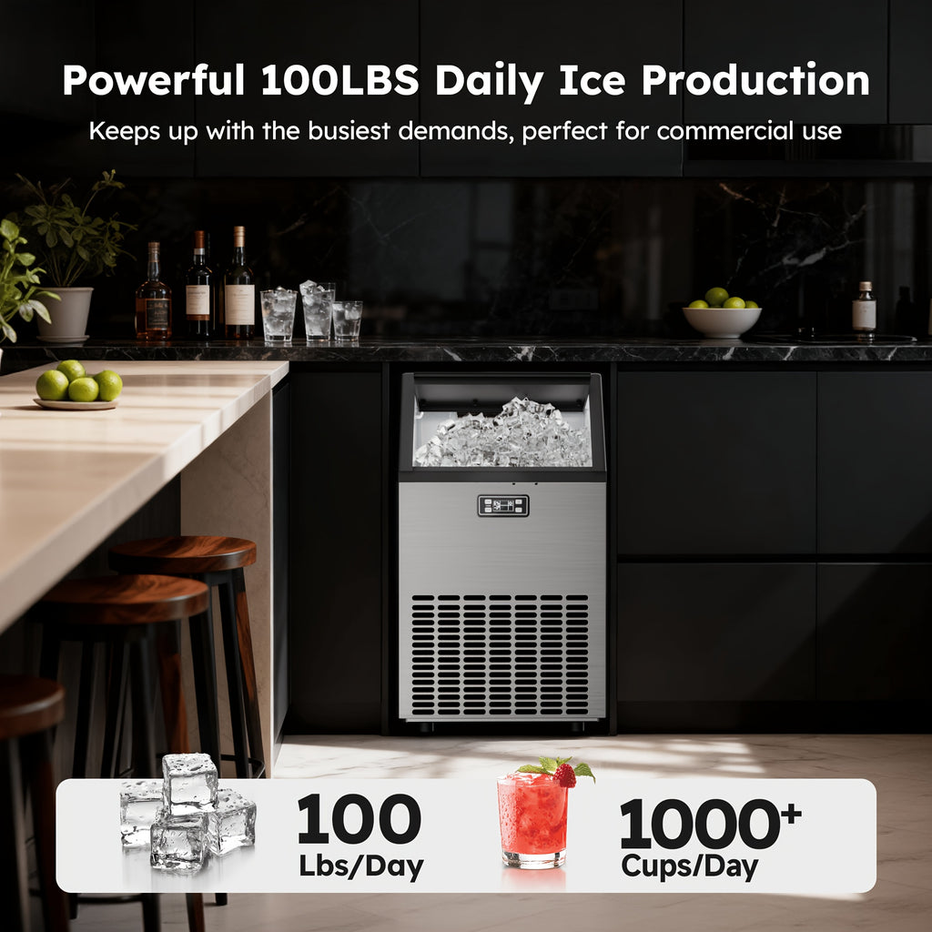 Commercial Ice Maker Machine, 100lbs/24H Stainless Steel Under Counter Ice Machine with 33lbs Ice Storage Capacity, Freestanding Ice Maker.