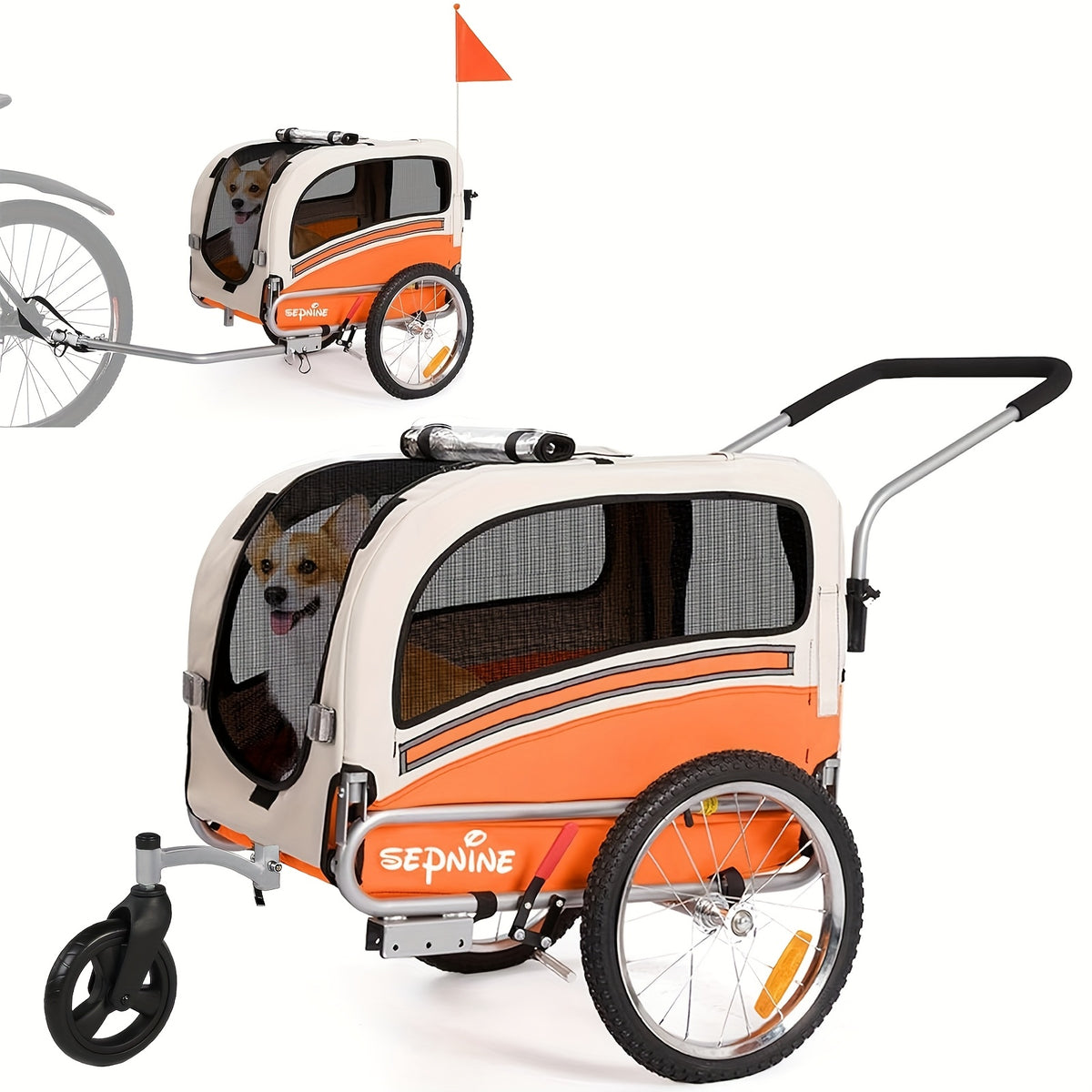 Pet Bicycle Trailer for Small and Medium Dogs, 2-in-1 Folding Carrier Cart with 6-Inch Stroller Wheel