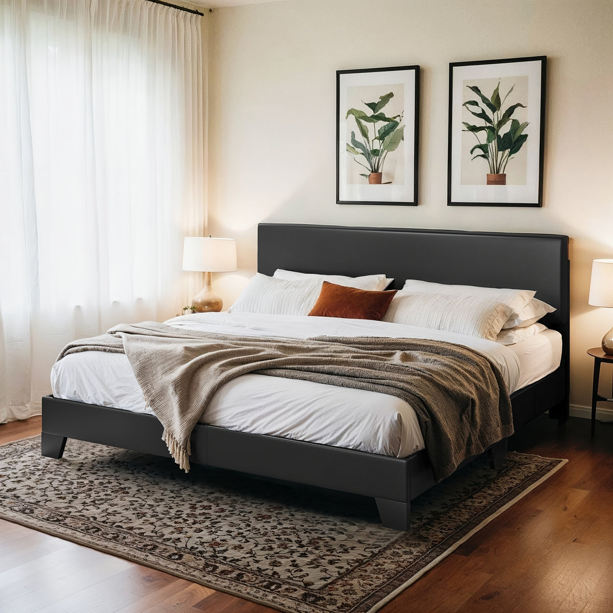 HOOMIC Upholstered Platform Bed in Full, Queen, Or King Sizes with an Adjustable Headboard, Sturdy Wooden Frame, Easy Assembly, No Box Spring Required, Available in 5 Colors: Beige, Dark Grey, Light Grey, Black, White