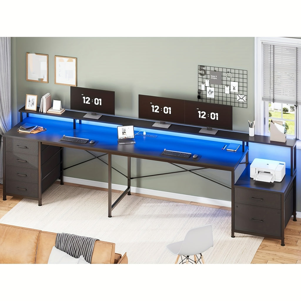 L-Shaped Office Desk with 6 Drawers And LED Lights, Corner Computer Desk with Monitor Shelf, Two-Person Desk