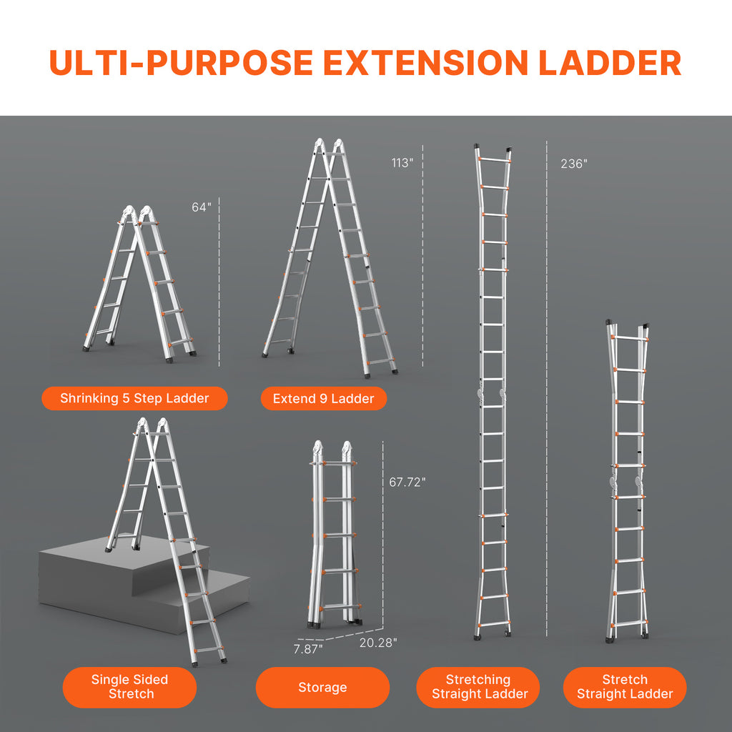 VEVOR Telescoping Ladder A Frame 9.5 FT 2880mm / 11FT 3350 mm / 13 FT 4000mm / 15.5FT 4670 mm / 17FT 5120 mm / 20FT 5990 mm/ 20.5FT 6230 mm Extension Multi-Function for Homework