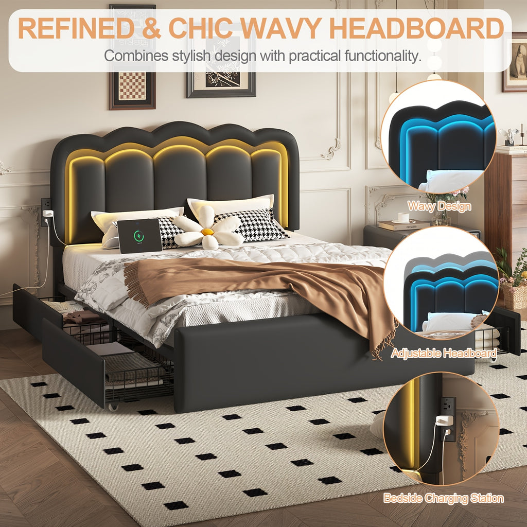 Upholstered Platform Bed Frame with 4 Storage Drawers & Adjustable Headboard, Full/Queen Size Bed Frame with LED Lights & Charging Station, Strong Metal Slats Support, No Box Spring Needed, Easy Assembly, Black/White