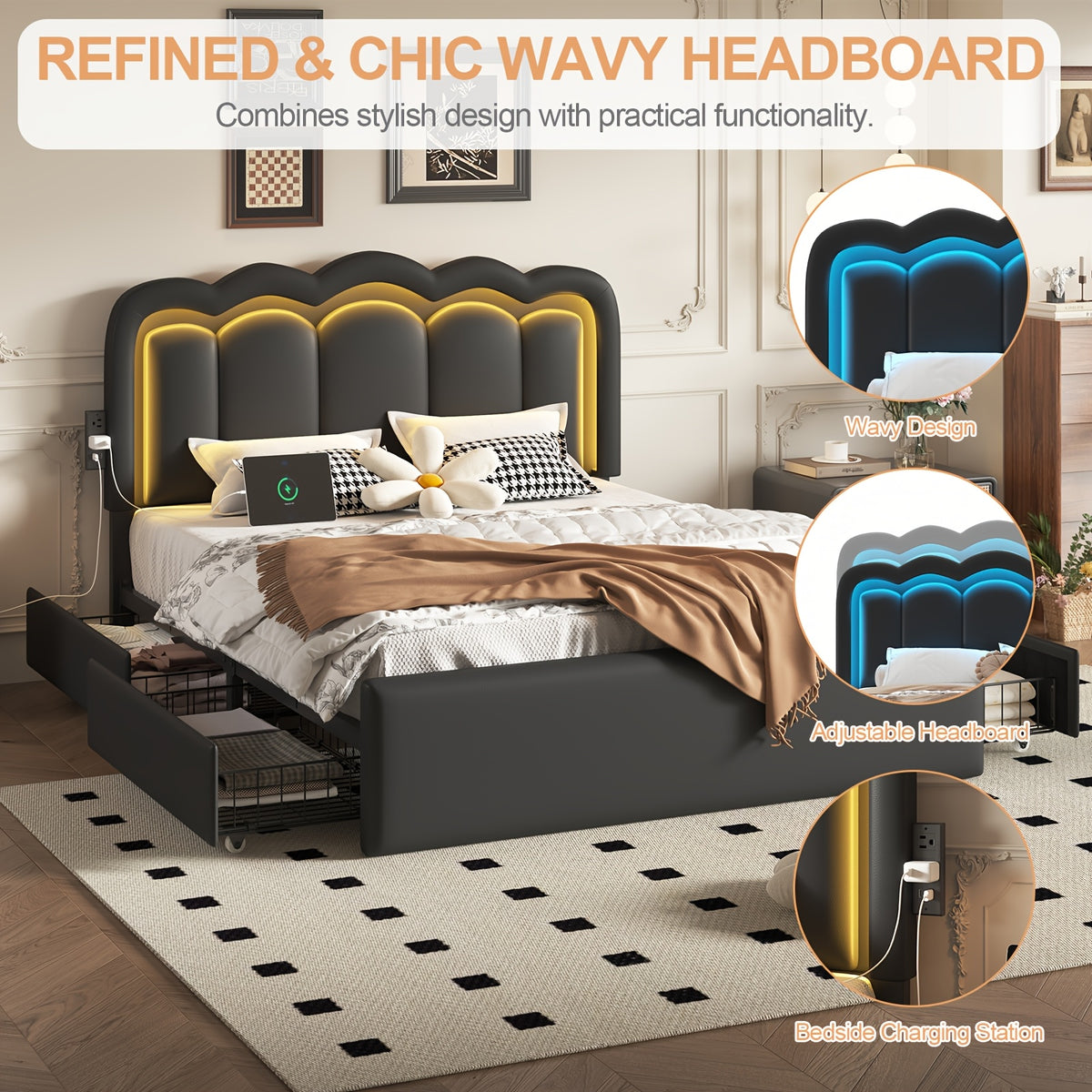 Upholstered Platform Bed Frame with 4 Storage Drawers & Adjustable Headboard, Full/Queen Size Bed Frame with LED Lights & Charging Station, Strong Metal Slats Support, No Box Spring Needed, Easy Assembly, Black/White