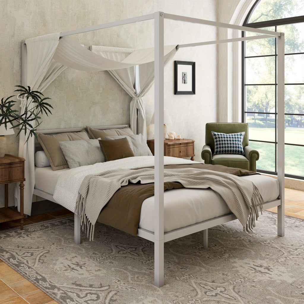 WEEWAY Heavy-Duty Metal Canopy Bed Frame with 4 Sturdy Posts & 3 Reinforced Crossbars - Easy Assembly, No Box Spring Needed, Modern Design for Full/Queen Size Beds (Black/White), Bedroom Furniture, Elegant Bedroom Style, Smooth Finish, Contemporary Furnit