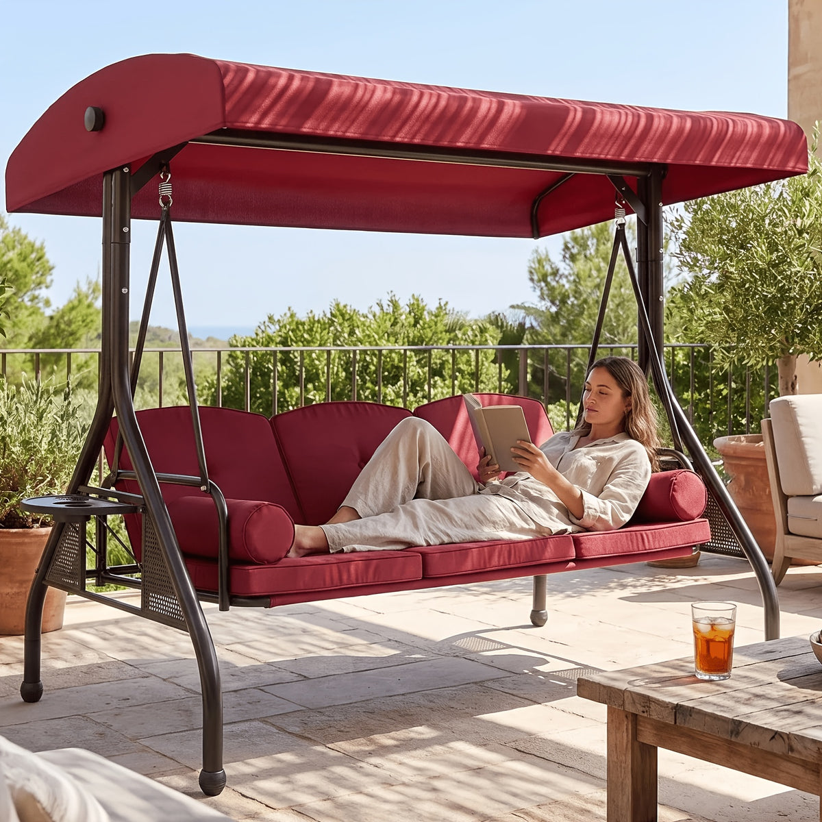 3 Person Patio Porch Swing Outdoor Converting Swing Glider Hammock with Adjustable Canopy, Cushions for Outside Backyard, Garden(Pillow Not Included)