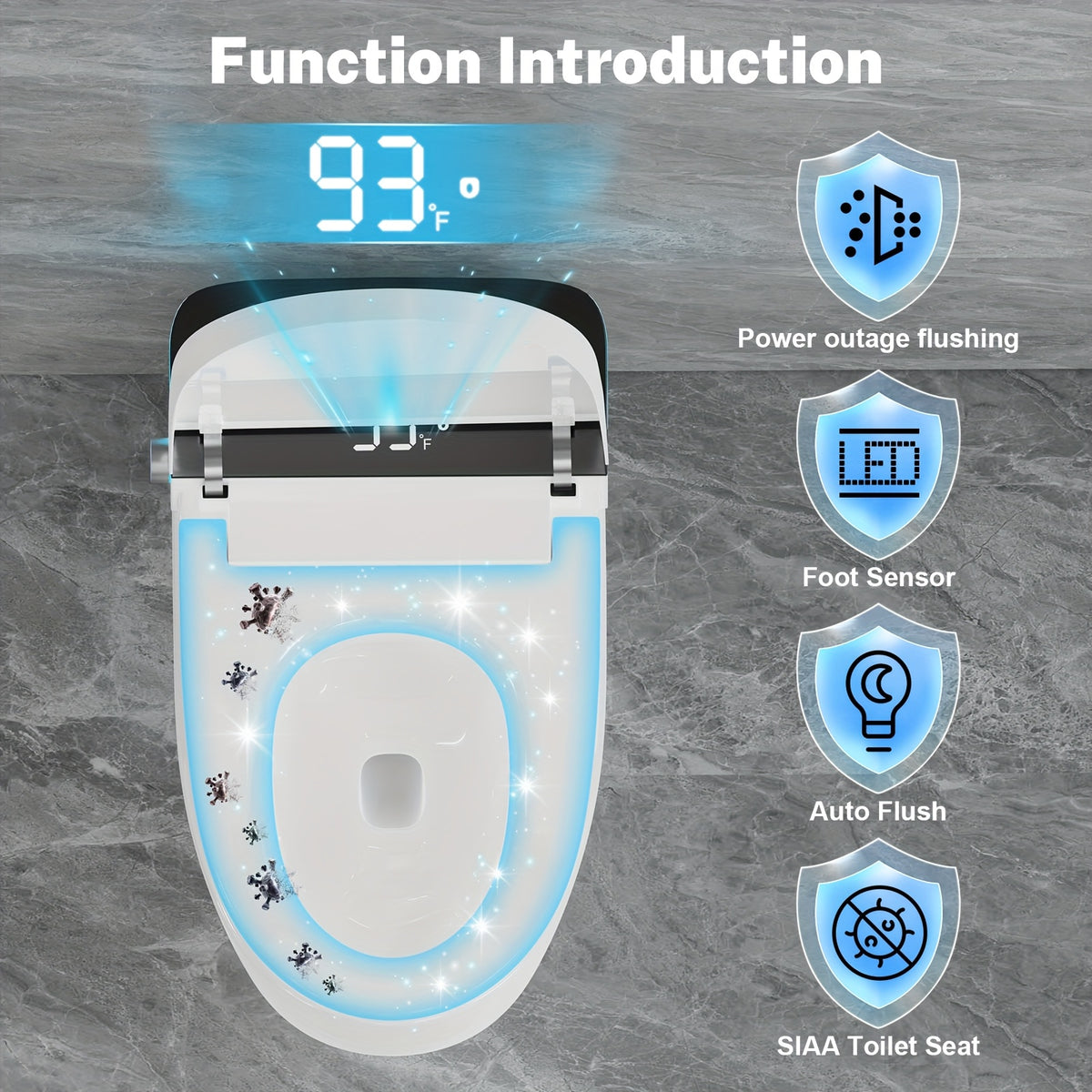 Smart Toilet With Manual Flip Lid, Toilet With Adjustable Remote Control And Heated Seat And Night Light, Modern Tankless Toilet For Bathroom With Damping Jog, Drying And Foot Sensor Flush