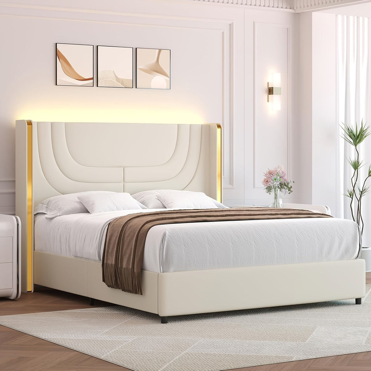 Twin Full Queen Size Bed Frame with LED Lights, Bed with Headboard And Wingback, Headboard Splicing Design, No Box Spring Needed, Easy Assembly, Pink/Beige/Black