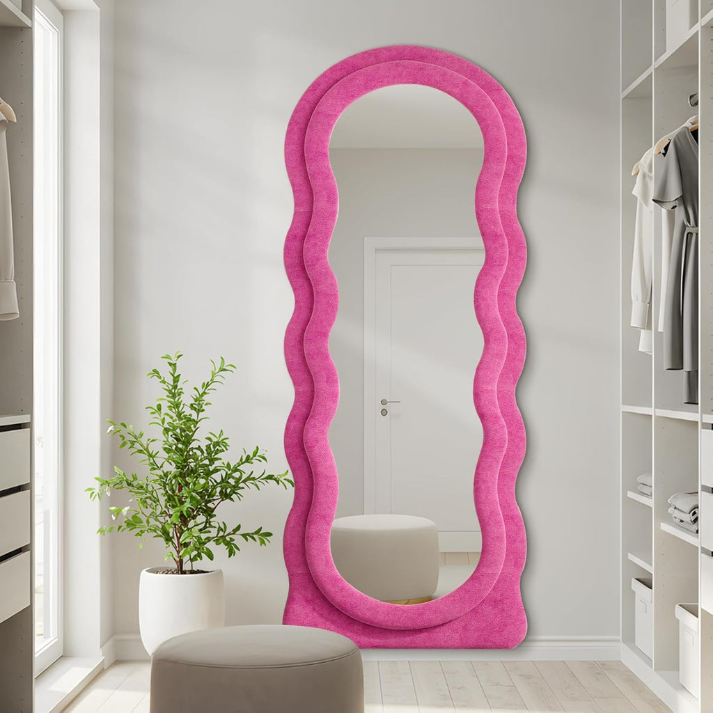 63"x24" Large Arched Full Body Mirror with Hot Pink Flannel Wrapped Frame & Stable Stand - Contemporary Floor Standing or Wall-Mounted/Leaning Mirror for Bedroom, Dressing Room, Entryway - No Electrical Required, Durable Construction