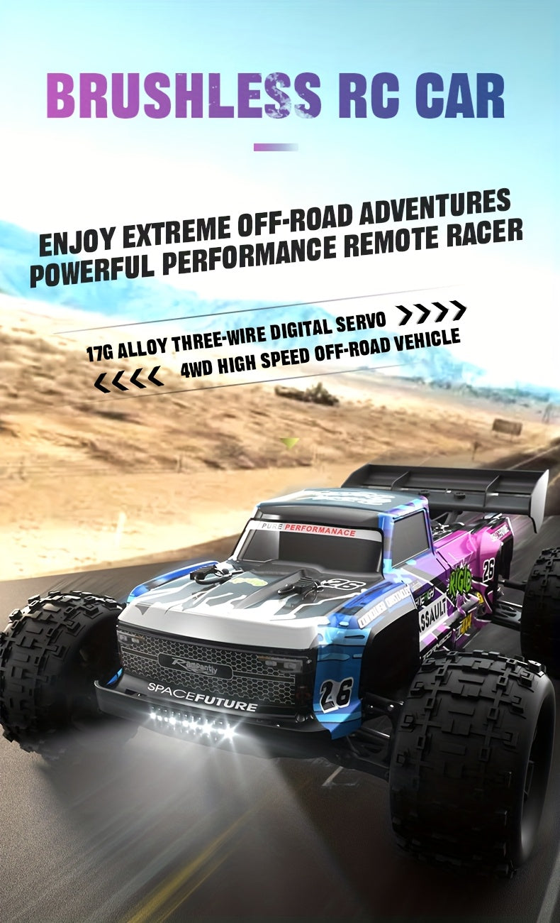 Flypear 4WD Brushless RC Car, 60+KM/H All Terrain High-Speed Off-Road Truck, Aluminum Alloy Chassis, 2.4Ghz Remote Control, Supports Vehicles Racing Together, Three-Wire 17G Digital Servo, LED Lights