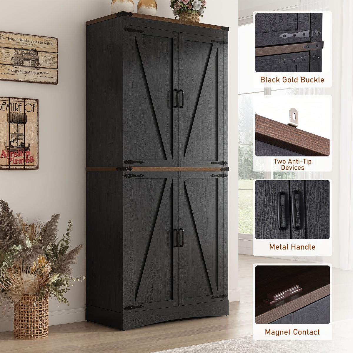 Farmhouse Tall Storage Cabinet with 4 Doors & Adjustable Shelves, 71in Pantry Cabinet for Kitchen, Living Room, Dining Room, Bathroom, Rustic Wood Storage Cabinet