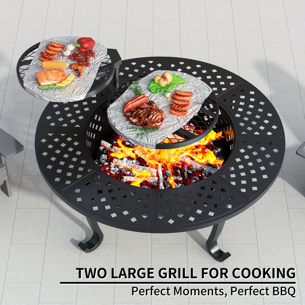 43 Inch Fire Pit with 2 Grills, Outdoor Wood Burning Firepit with Lid, Metal Round Table for Backyard Patio Garden Picnic Camping Bonfire