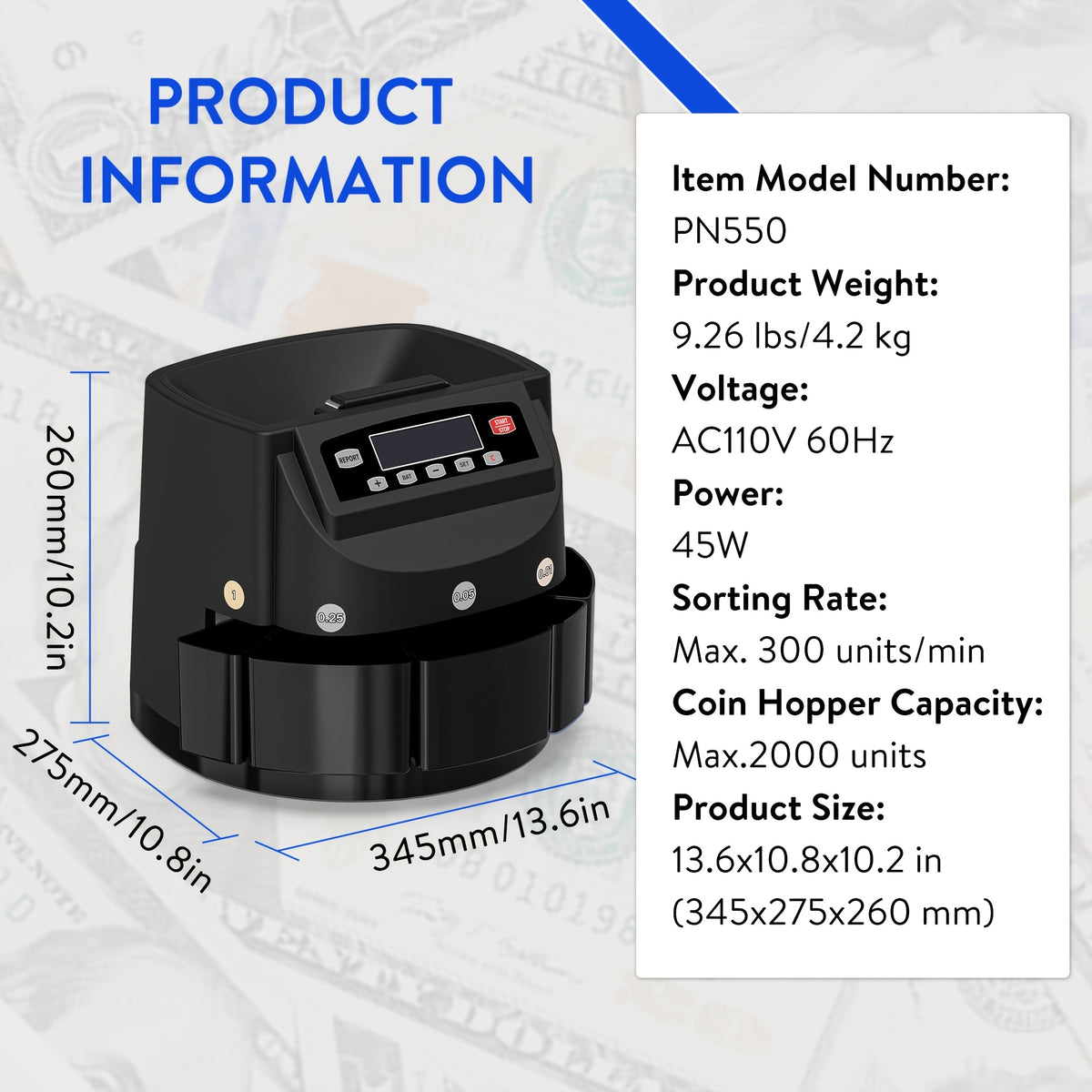 Coin Counter Machine Sorter, Change and Wrapper Roller Counting Organizer, Sorts up to 300 Coins Per Minute, Automatically Sorts and Batches, Office Supplies