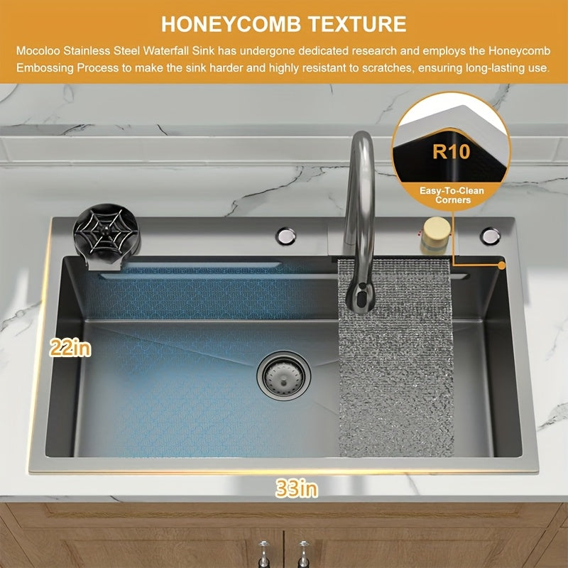 [Stainless Steel Kitchen Sink] 33 * 22 Inch Stainless Steel Kitchen Sink, Single Bowl Sink Drop In/Topmount Workstation Waterfall Sinks With Cutting Board, Cup Washer And Sink Accessories