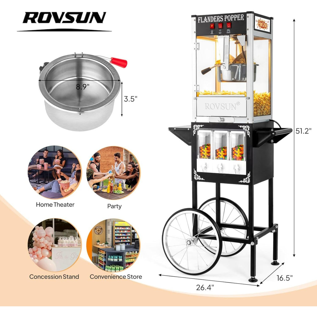 MEFEIR Popcorn Machine w/Cart, Wheels & 8 Oz Kettle Makes Up to 32 Cups ETL Certified, Popcorn Maker w/Candy Dispensers Stainless Steel Scoop, Oil Spoon & 3 Popcorn Cups for Commercial Home Theater