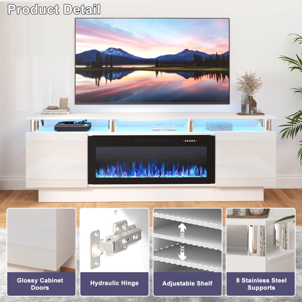 70-Inch Contemporary TV Stand Featuring a 36-Inch Electric Fireplace, Designed As an Entertainment for Televisions Up to 80 Inches, with Modern Wooden Media Storage Cabinets Suitable for The Living Room