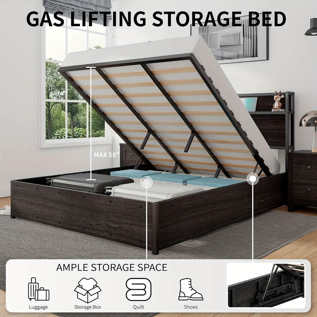 Full Queen King Size Lift Up Storage Bed, Wood Platform Bed Frame with Storage Headboard & Charging Station, No Box Spring Needed, Easy Assembly