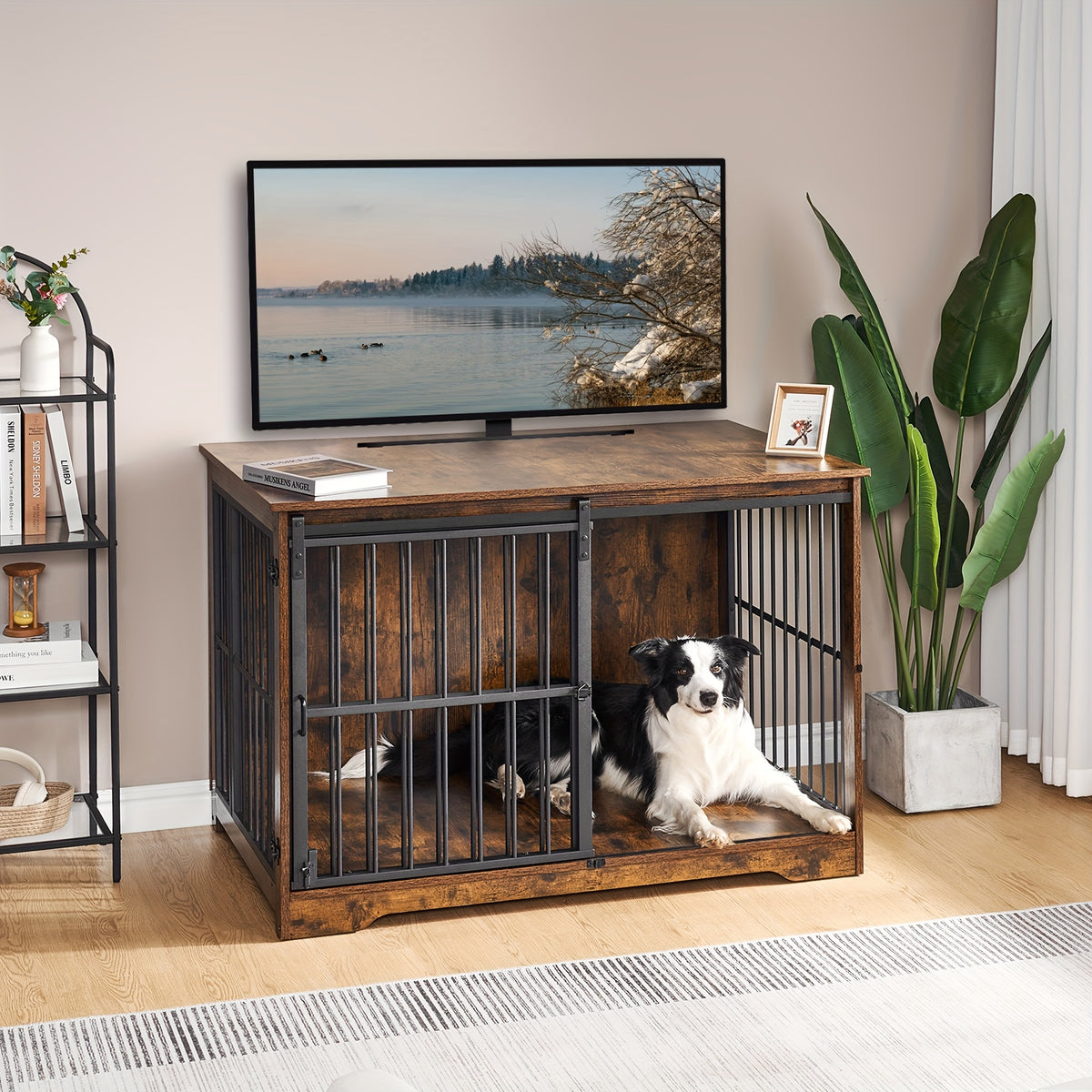 XL Large Dog Crate Furniture, 44.1" Indoor Dog Kennel Furniture with Barn Door, Wooden Tall Dog Crate, Heavy Duty Dog Cage for Large Dogs, Side End Table, Anti-Chew, Rustic Brown, Black, Greige Black, White Brown