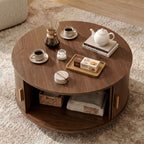 Round Coffee Table, 32-Inch Modern Wooden Center Table with Sliding-Door Storage for Living Rooms and Apartments