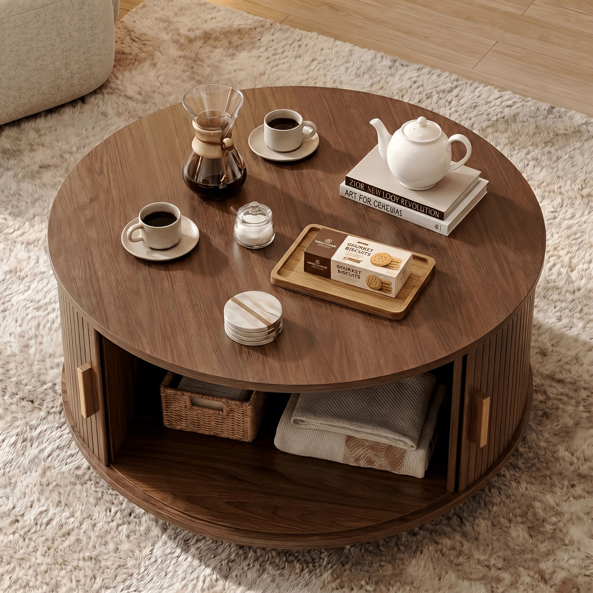 Round Coffee Table, 32-Inch Modern Wooden Center Table with Sliding-Door Storage for Living Rooms and Apartments