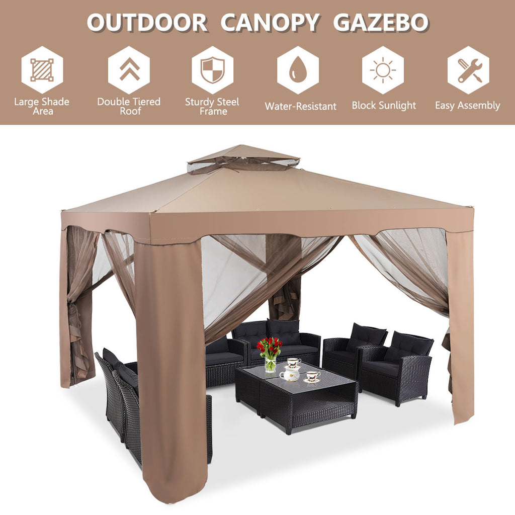 SAFSTAR 10'x 10' Canopy Gazebo Tent Shelter Garden Lawn Patio W/Mosquito Netting Coffee