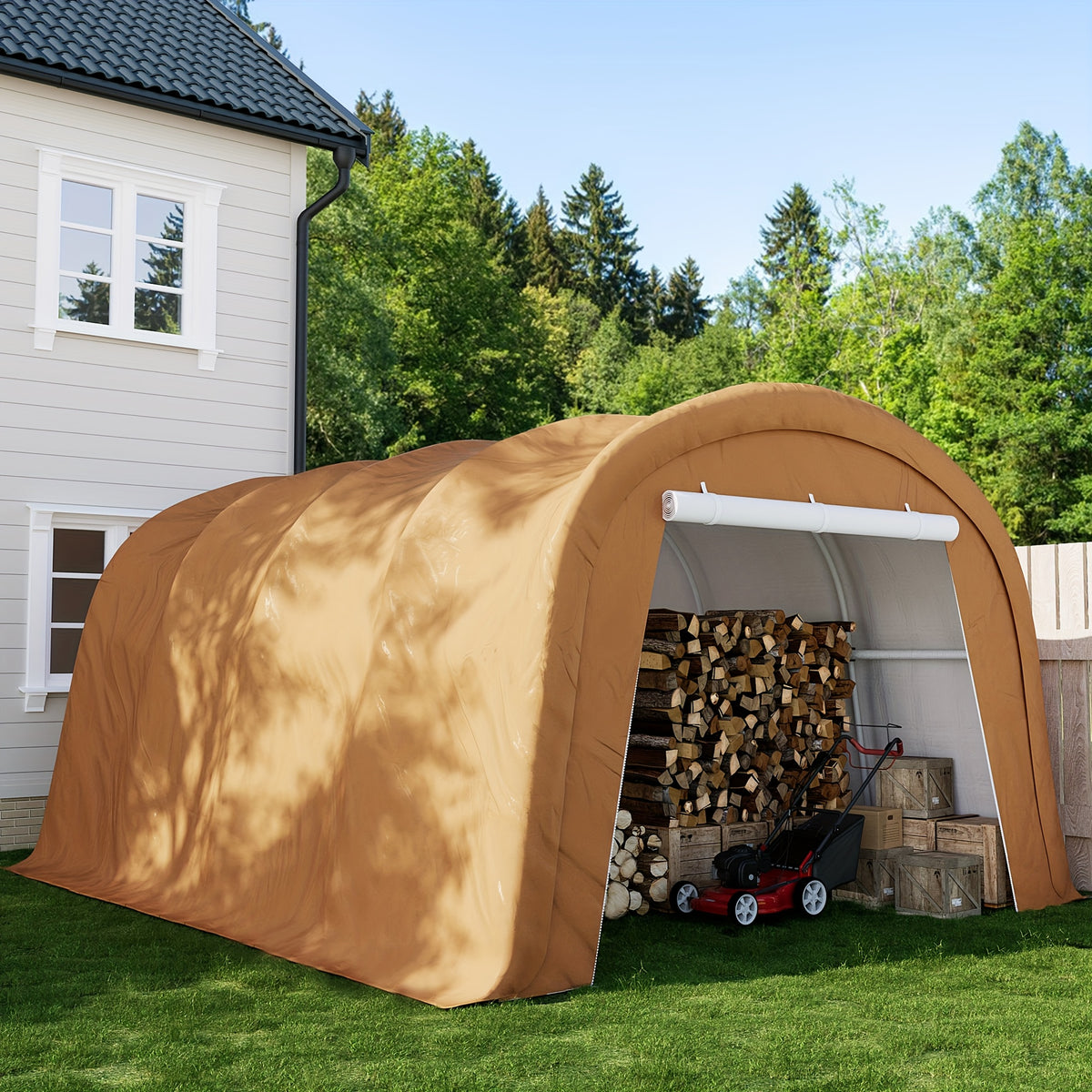 Outdoor Carport, Garage, Outdoor Storage, Courtyard Round Portable Garage, Outdoor 13 X 20ft Or 10 X 20ft Heavy Duty Carport, Tensioner And 2 Roll Up Doors Waterproof PE Fabric Car Port, Garage, Storage Shed, Tent for Storage, SUV, Brown/Grey