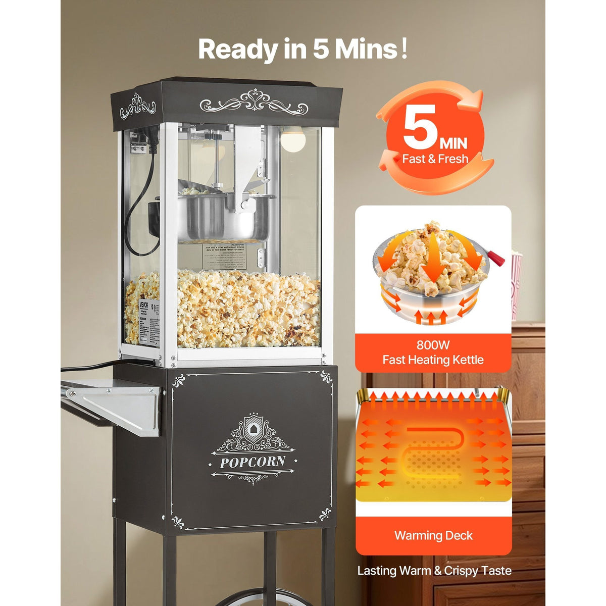 VEVOR Popcorn Machine with Cart Popcorn Popper Maker 800W 8oz Kettle 48 Cups Black/ Red/ White
