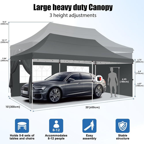 10 x 20 ft Pop-Up Canopy Tent with 6 Side Walls and 3 Adjustable Heights for Weddings and Outdoor Celebrations