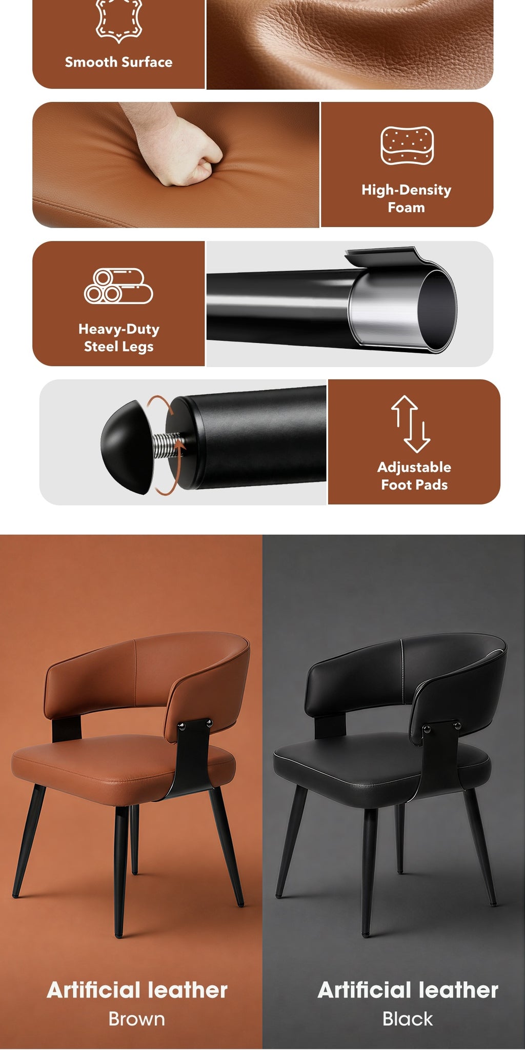 Modern Dining Chairs Set Of 2, Upholstered Faux Leather Kitchen Side Chairs with Curved Open Back, Easy Assembly for Dining Room, Restaurant, Cafe, Warm
