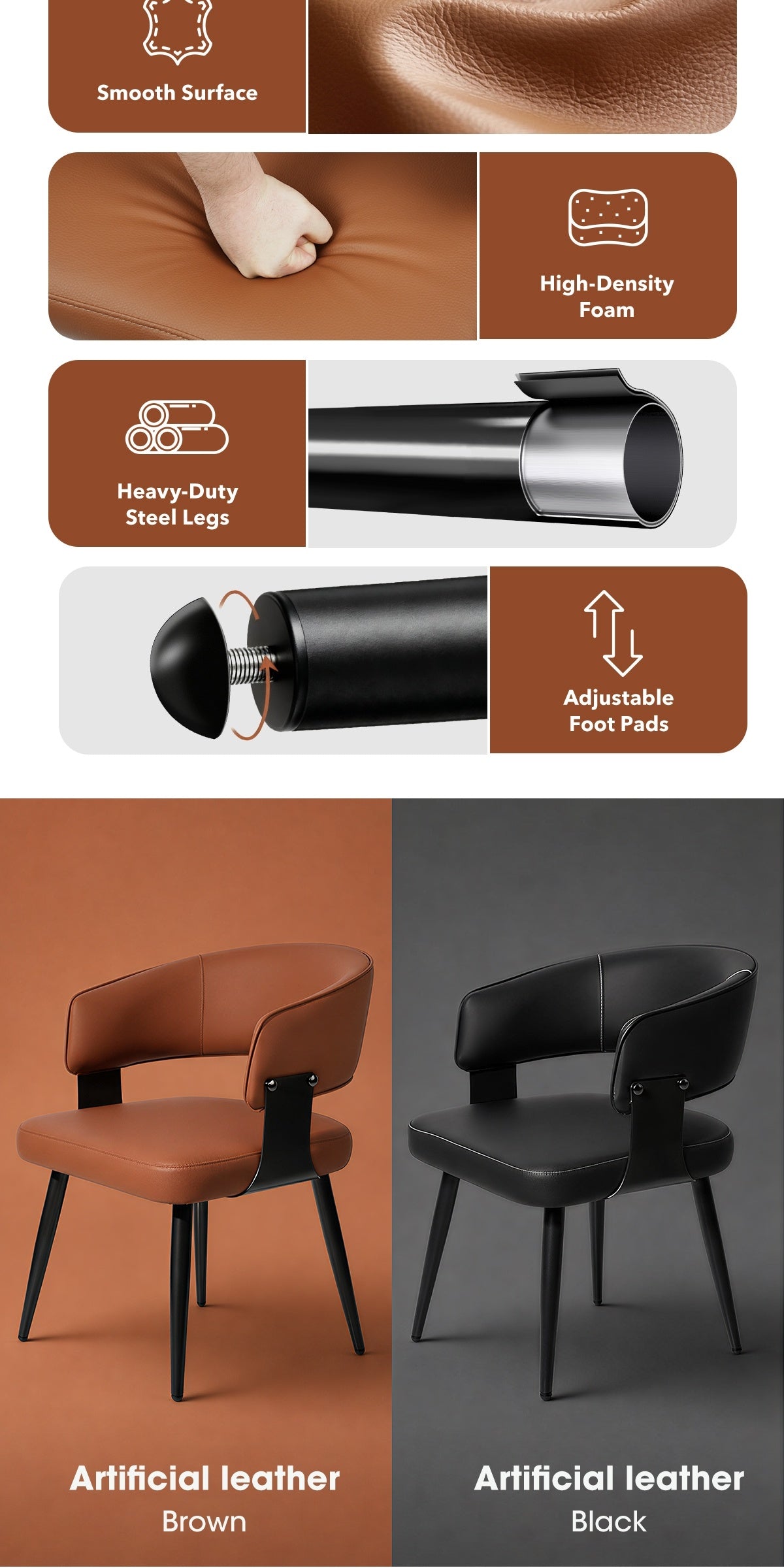 Modern Dining Chairs Set Of 2, Upholstered Faux Leather Kitchen Side Chairs with Curved Open Back, Easy Assembly for Dining Room, Restaurant, Cafe, Warm