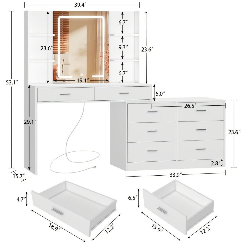 Vanity Desk with LED Lighted Mirror & Power Outlet, Modern Corner Makeup Vanity Table with 8 Drawers & Open Shelves, Dressing Table for Valentine's Day Gift