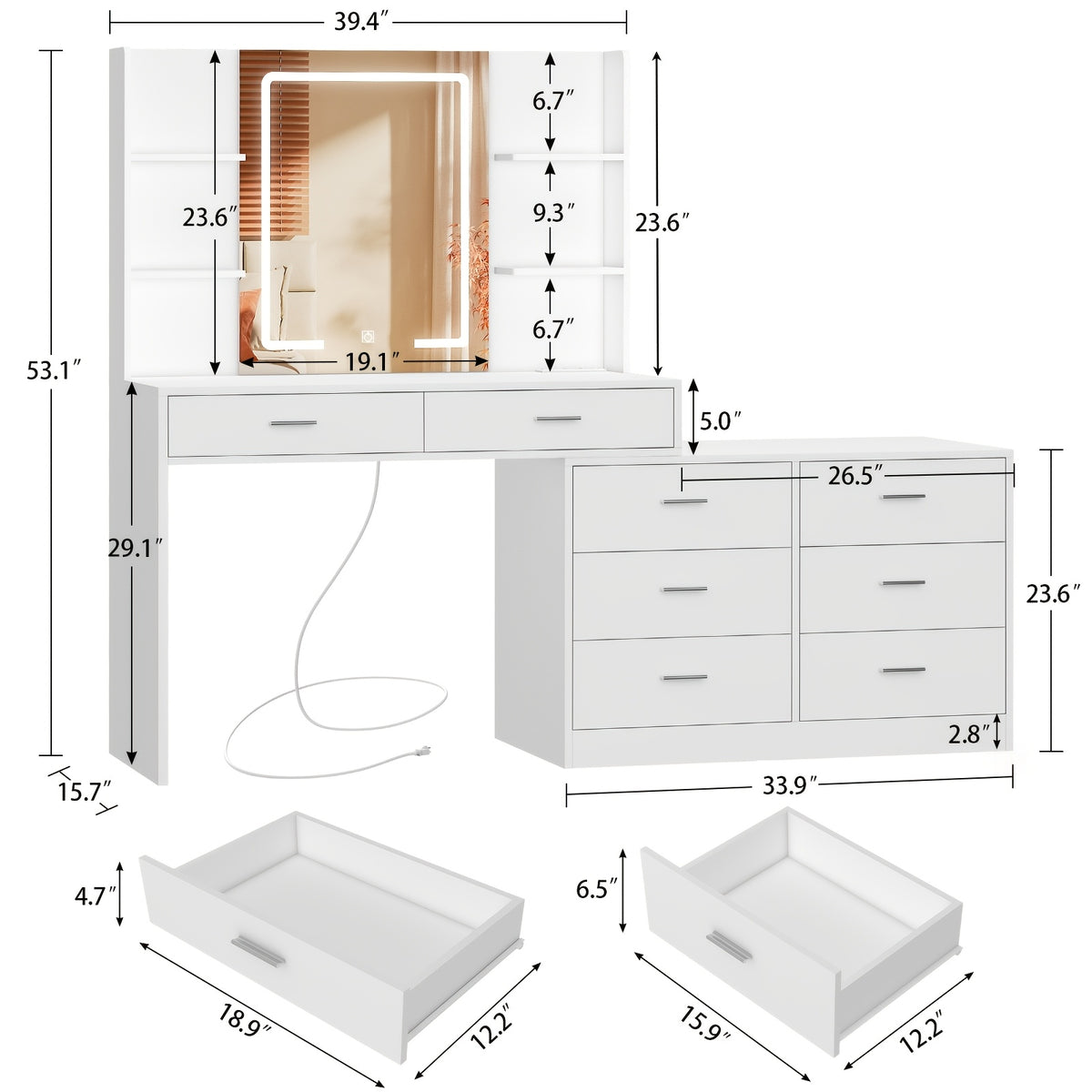 Vanity Desk with LED Lighted Mirror & Power Outlet, Modern Corner Makeup Vanity Table with 8 Drawers & Open Shelves, Dressing Table for Valentine's Day Gift
