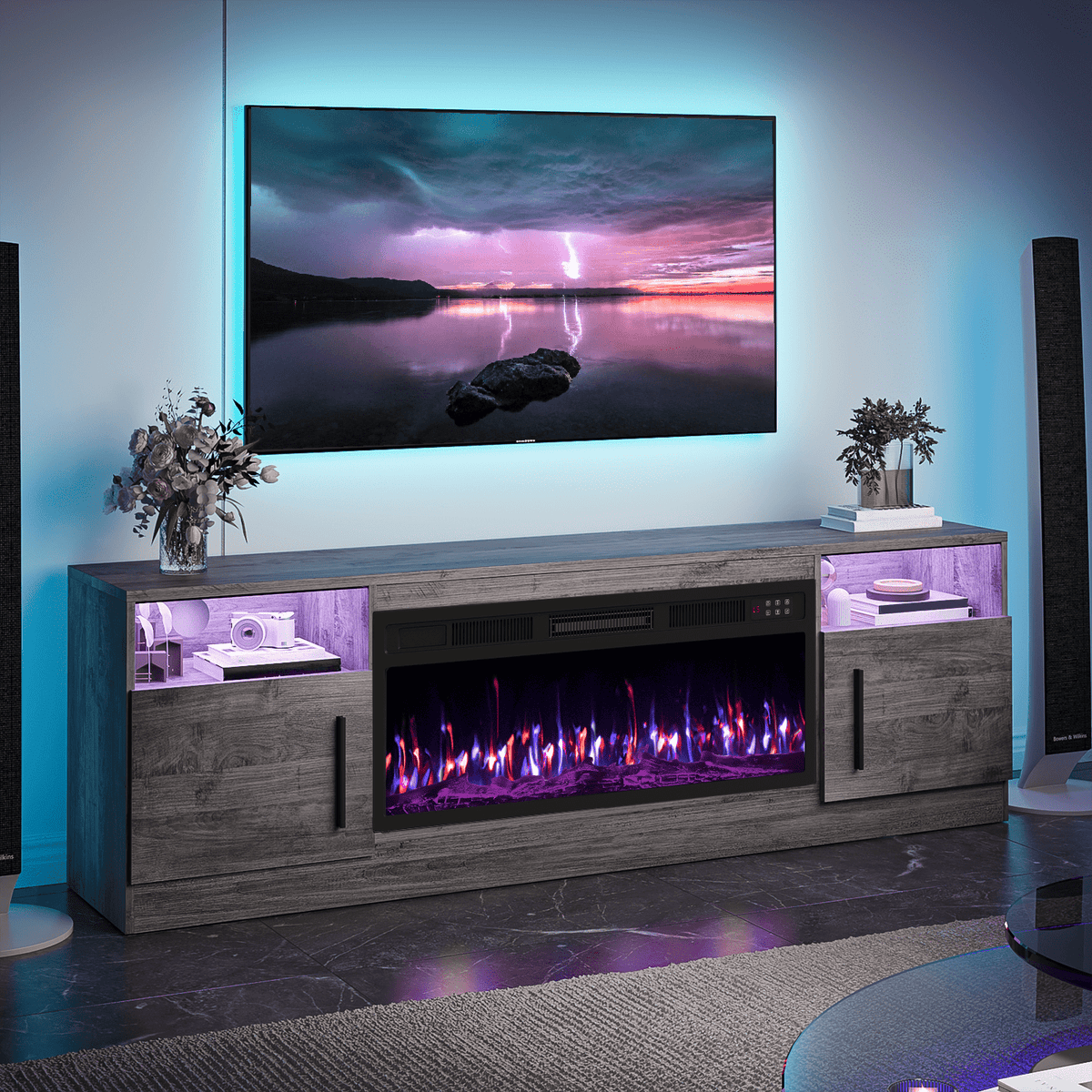 70“ Fireplace TV Stand with 36" Electric Fireplace Up to 80" TVs, Led Entertainment Center with High Glossy Doors, Modern Wood Media TV Console for Living Room