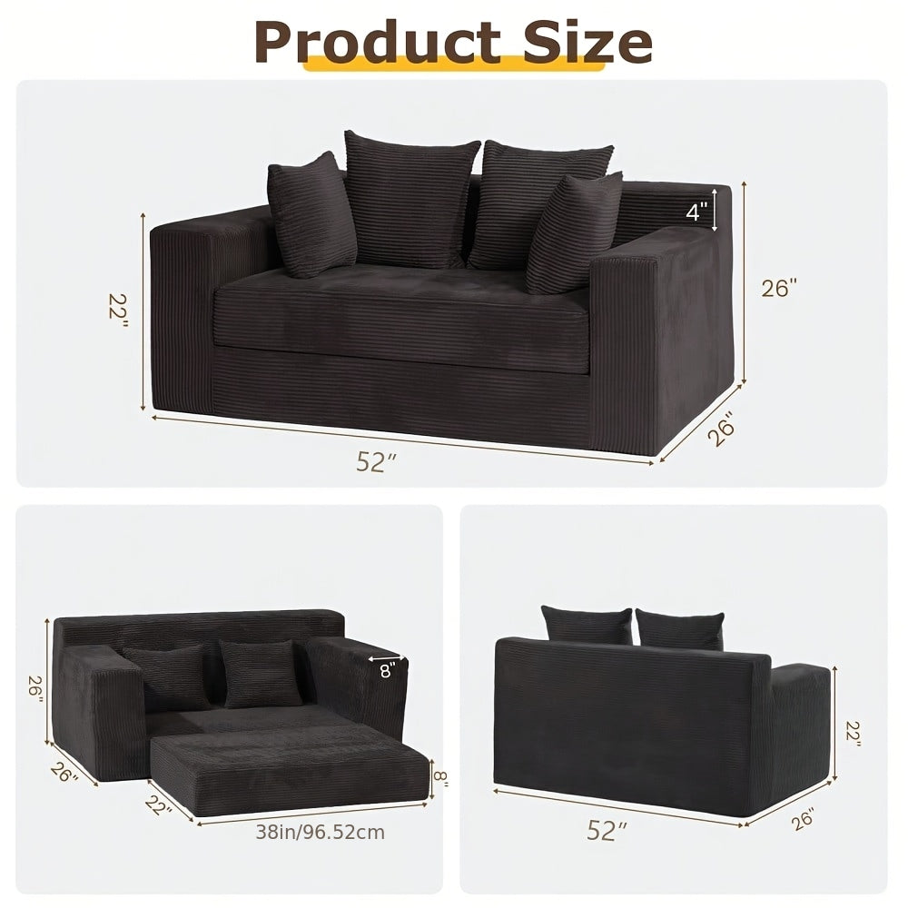 Convertible Sofa Bed, 3in 1 Loveseat Folding Couch Bed Foldable - Boneless Couch & Floor Futon Sleeper, Corduroy Pull Out Sofa Bed with 4 Pillows for Living Room