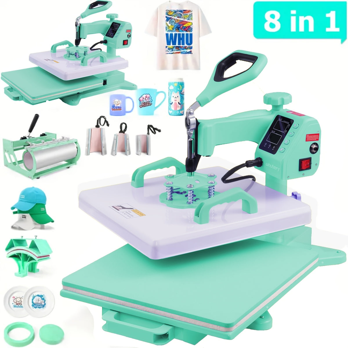 11pcs 8-in-1 - 15"x15"/12"x15" Heat Press Set for T-Shirts, Bags, Pillows, Hats, Beanies, Roller - 12"x10" T-Shirt Machine(Weight 25.35 Lbs) & 15"x15" Auto Single-Workbench & 15"x15" Auto Dual-Workbench Heat Press Only for Cloth, Shirts, Canvas Bags