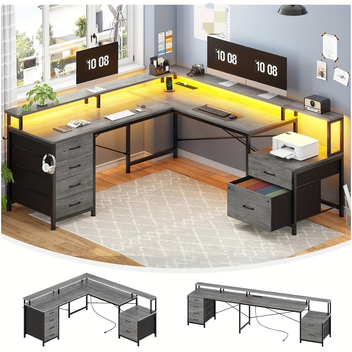 L-Shaped Desk – Reversible Workspace Desk for Two-Person Computer Setups with Six Drawers and LED Lighting