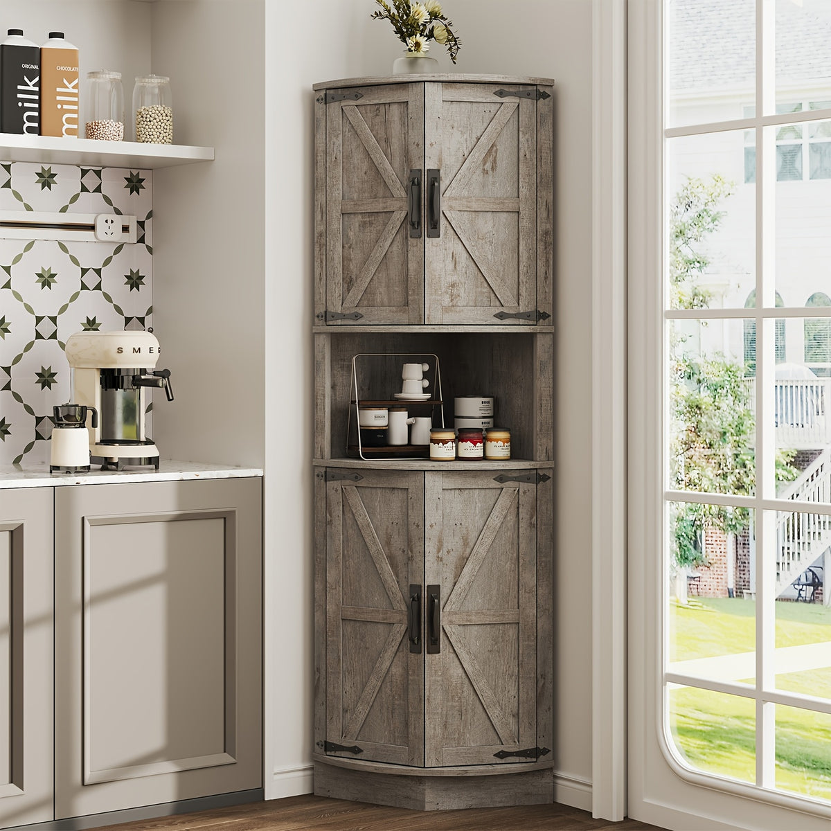 Farmhouse Corner Cabinet with Vintage Barn Door, 4 Doors & 5 Adjustable Shelves, Multifunctional Storage Organizer for Kitchen Corner, Dining Room, Laundry Room, Pantry | Freestanding Space Saver Cupboard White/Grey/Blue/Green