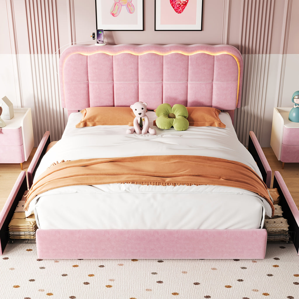 MRAEER Twin/Full/Queen Bed Frame | LED Lighting, 2/4 Storage Drawers, Cloud-Style Soft Headboard, Velvet Modern Platform Bed, Mattress Not Required, Halloween/Christmas Gift, White/Pink/Grey, Hardwood and Metal Construction