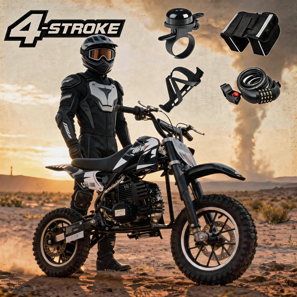 39cc gas powered mini bike, 4-stroke engine motorcycle with a maximum speed of 20 miles per hour, compact off-road bike, durable metal frame, easy to start drawstring system, small energy-saving motorcycle suitable for outdoor exploration, front and rear