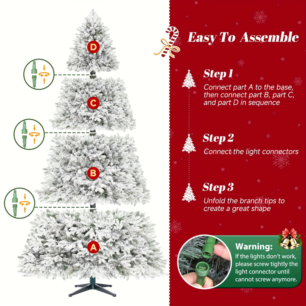 9ft Prelit Snow Flocked Artificial Christmas Tree with Multifunctional Remote, 8 Lighting Modes and 10 Brightness Musical Xmas Tree with Auto-Off Timer, 360 Degree Rotating Base Christmas Tree for Holiday Decorations