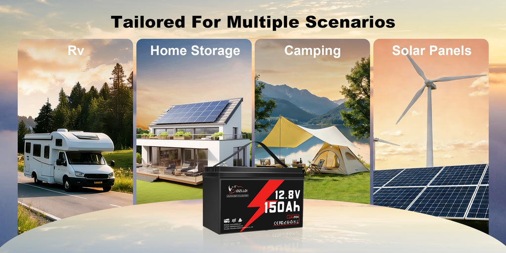 12V 150Ah/ 100Ah LiFePO4 Lithium Battery, Equipped with A Built-in BMS System, Boasts A Long Service Life And Is Highly Suitable for RV, Solar Energy, And Off-grid Systems. It Is An Essential Power Source for Both Home And Travel